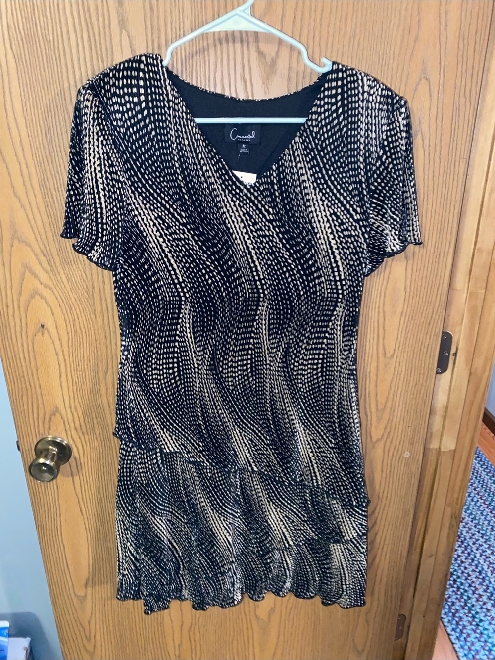 connected apparel Black and Camel Wave-Spot V-Neck Dress
